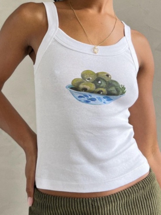 Lisa Says Gah Tops - Lisa Says Gah Olive Bowl Graphic Tank Top Medium White Cotton Baby Tee Summer